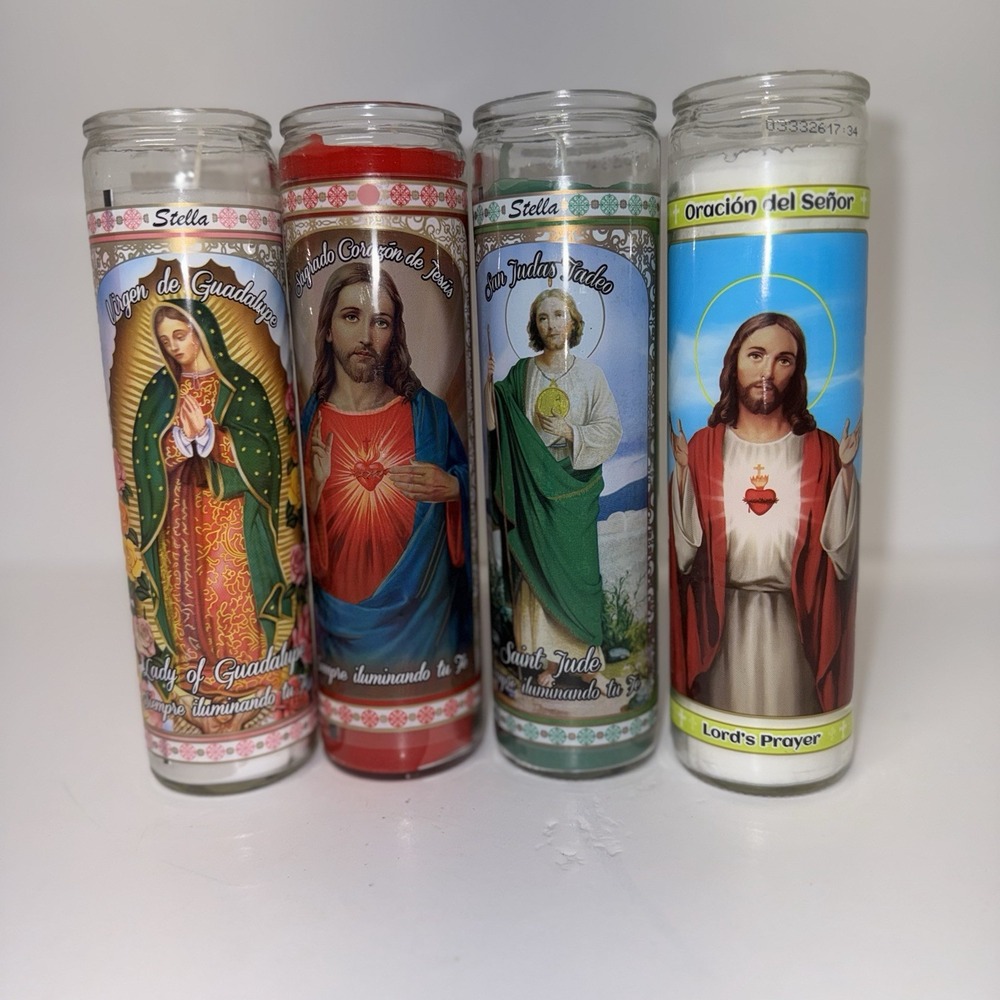 Lot of 4 Religious Prayer Candles Jesus Virgin of Guadalupe St Jude New